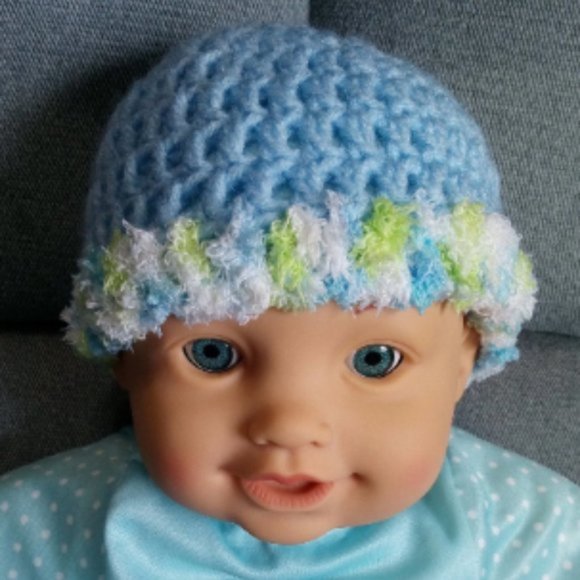 Hand Crafted Baby Boy Light Blue Hat Newborn Winter Spring Fall Hand Made Beanie - Picture 1 of 4